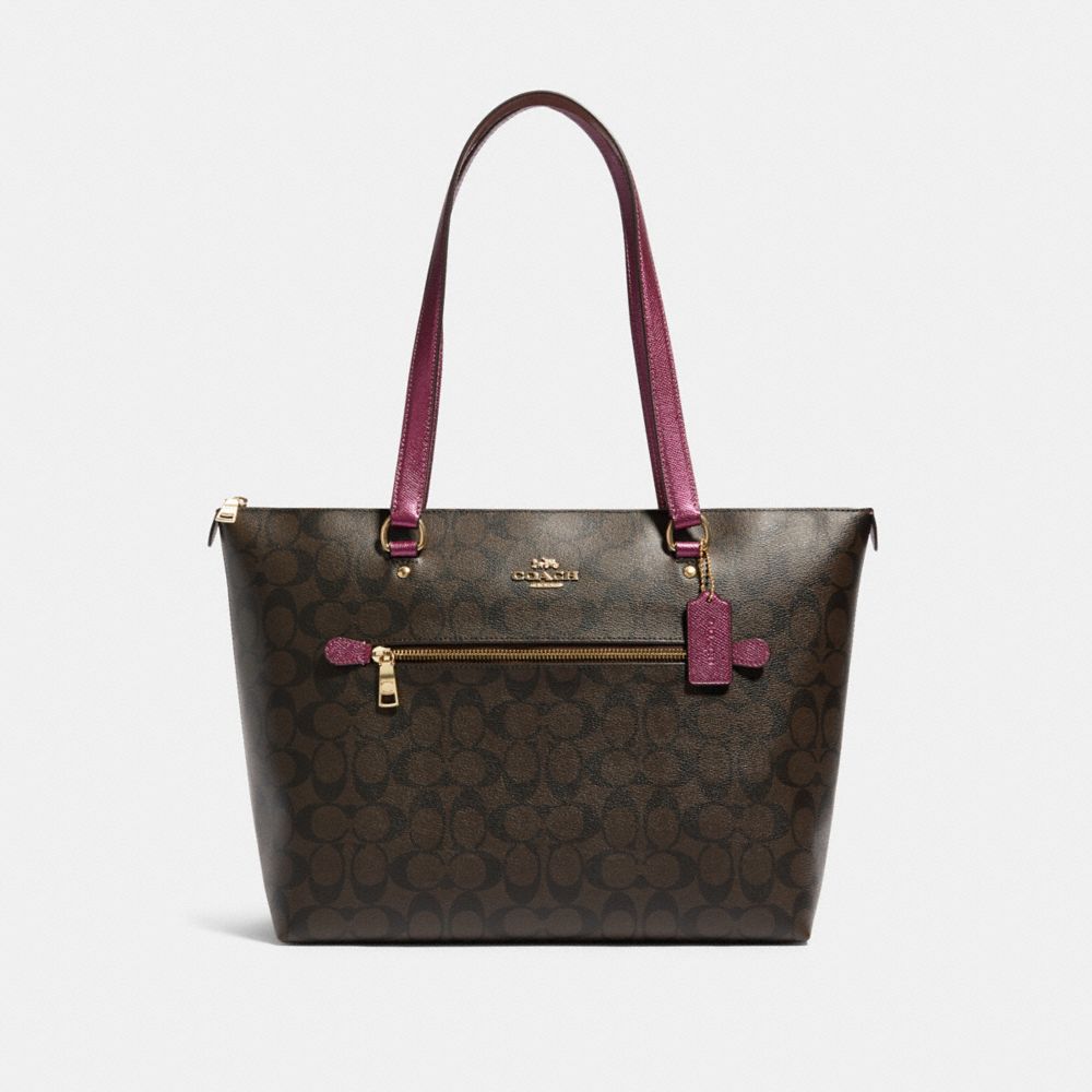 COACH®,GALLERY TOTE IN SIGNATURE CANVAS,Leather,Large,Gold/Brown Metallic Berry,Front View