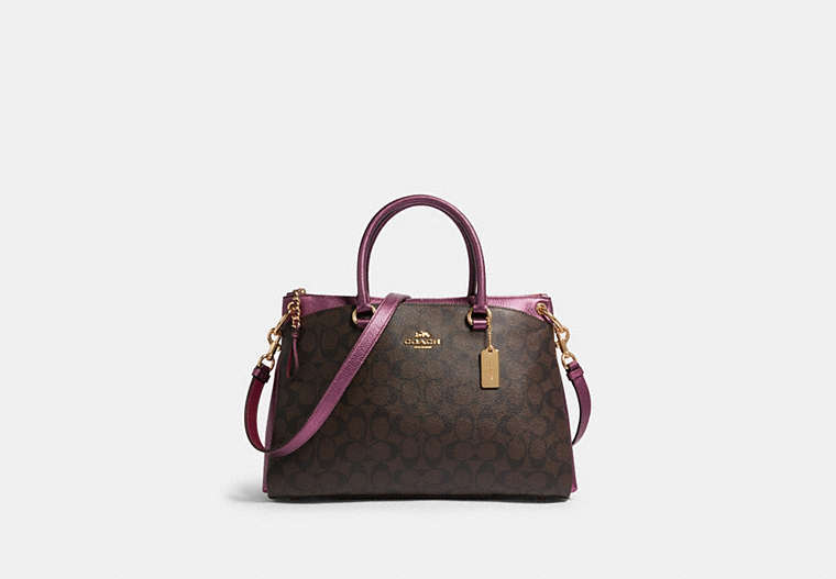 COACH®,MIA SATCHEL IN SIGNATURE CANVAS,pvc,Large,Gold/Brown Metallic Berry,Front View