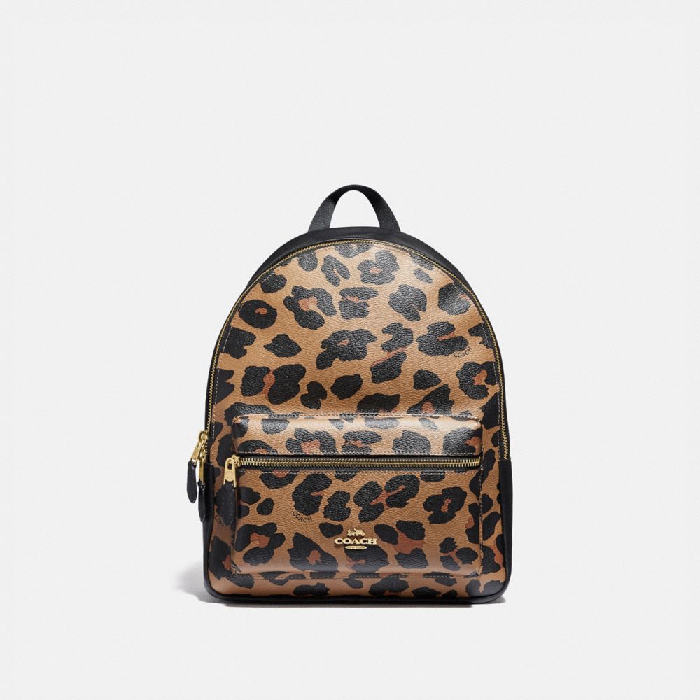COACH®,MEDIUM CHARLIE BACKPACK WITH LEOPARD PRINT,pvc,Gold/Natural,Front View