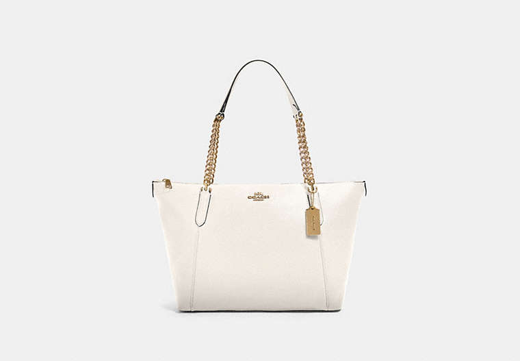 COACH®,AVA CHAIN TOTE,Leather,Large,Gold/Chalk,Front View