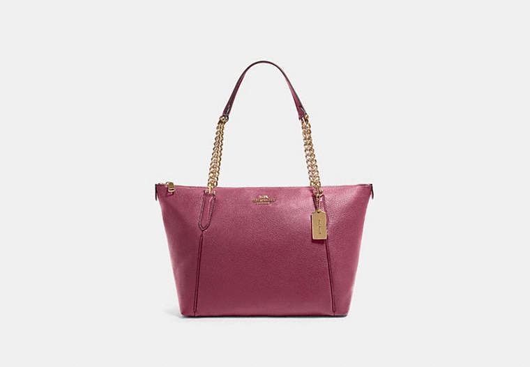 COACH®,AVA CHAIN TOTE,Leather,Large,Gold/Dark Berry,Front View