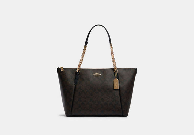 COACH®,AVA CHAIN TOTE IN SIGNATURE CANVAS,pvc,Large,Gold/Brown Black,Front View