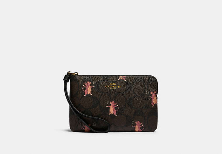 Corner Zip Wristlet In Signature Canvas With Party Mouse Print