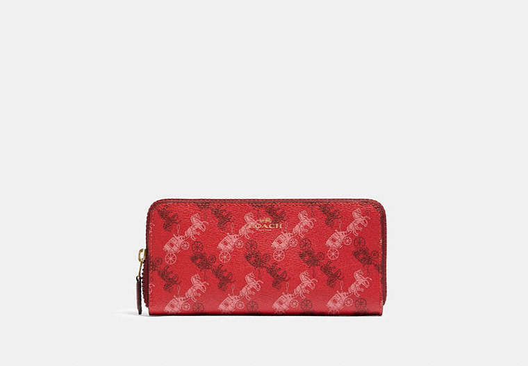 COACH®,SLIM ACCORDION ZIP WALLET WITH HORSE AND CARRIAGE PRINT,pvc,Gold/Bright Red/Cherry Multi,Front View