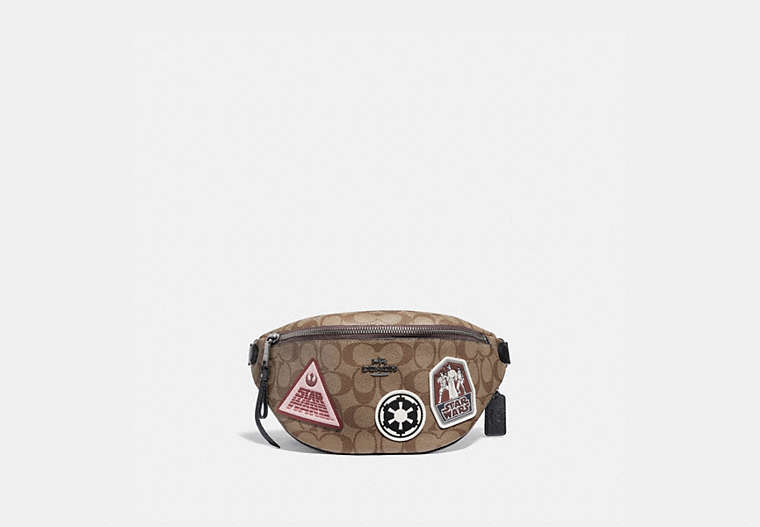 COACH®,STAR WARS X COACH BELT BAG IN SIGNATURE CANVAS WITH PATCHES,pvc,Medium,Gunmetal/Khaki Multi,Front View