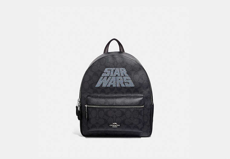 COACH®,STAR WARS X COACH MEDIUM CHARLIE BACKPACK IN SIGNATURE CANVAS WITH MOTIF,pvc,Large,Silver/Black Smoke/Black Multi,Front View