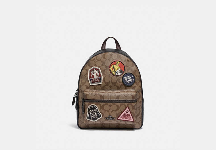 COACH®,STAR WARS X COACH MEDIUM CHARLIE BACKPACK IN SIGNATURE CANVAS WITH PATCHES,pvc,Large,Gunmetal/Khaki Multi,Front View