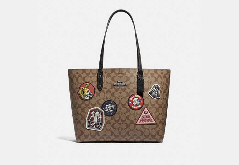 COACH®,STAR WARS X COACH TOWN TOTE IN SIGNATURE CANVAS WITH PATCHES,pvc,Large,Gunmetal/Khaki Multi,Front View