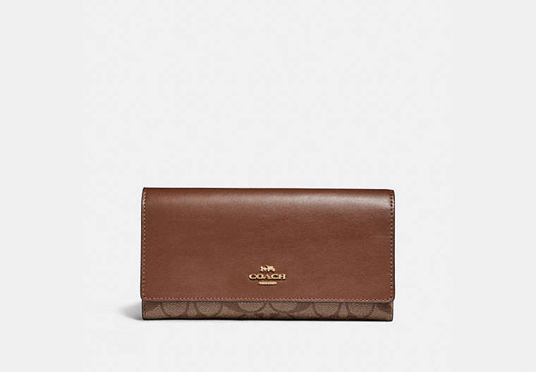 COACH®,TRIFOLD WALLET IN SIGNATURE CANVAS,pvc,Gold/Khaki Saddle 2,Front View