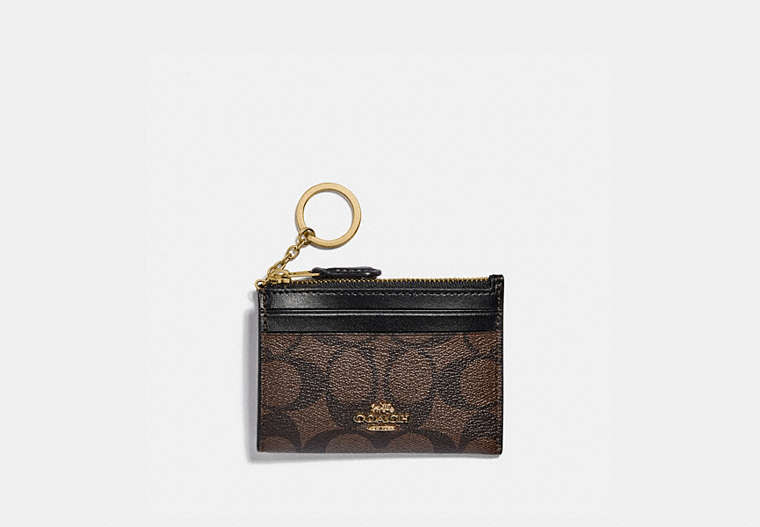 COACH®,MINI SKINNY ID CASE IN SIGNATURE CANVAS,pvc,Mini,Gold/Brown Black,Front View image number 0