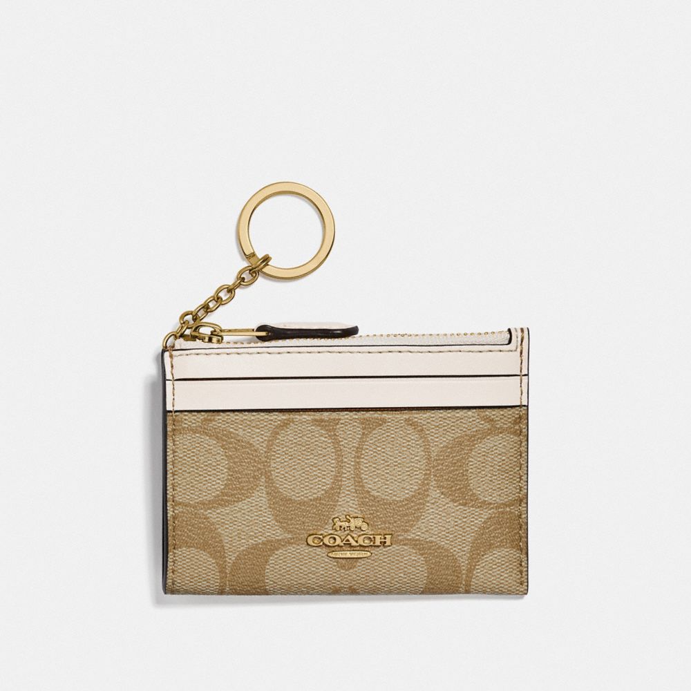 COACH®,Mini Skinny Id Case In Signature Canvas,Canvas,Leather,Coin,Card Case,PVC,Color Block,Logo,Key Ring,Gold Metal,Casual,,Front View