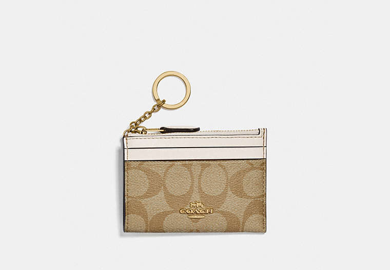 COACH®,MINI SKINNY ID CASE IN SIGNATURE CANVAS,pvc,Gold/Light Khaki Chalk,Front View image number 0