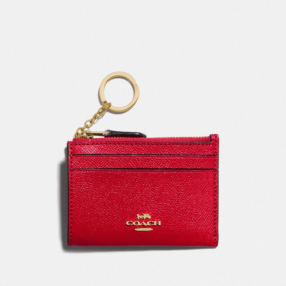 COACH®,MINI SKINNY ID CASE,Crossgrain Leather,Gold/Bright Red,Front View