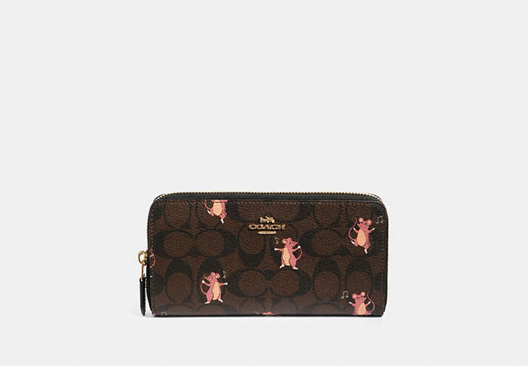COACH®,ACCORDION ZIP WALLET IN SIGNATURE CANVAS WITH PARTY MOUSE PRINT,Gold/Brown Pink Multi,Front View