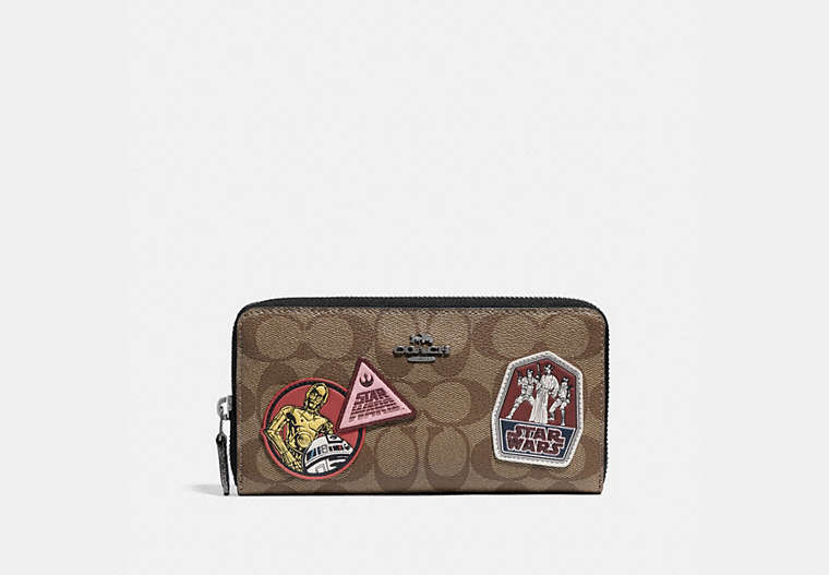 COACH®,STAR WARS X COACH ACCORDION ZIP WALLET IN SIGNATURE CANVAS WITH PATCHES,Gunmetal/Khaki Multi,Front View