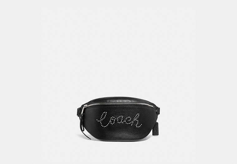 COACH®,BELT BAG WITH STUDDED COACH SCRIPT,Leather,Medium,Silver/Black,Front View