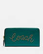 COACH®,ACCORDION ZIP WALLET WITH STUDDED COACH SCRIPT,Gold/Viridian,Front View