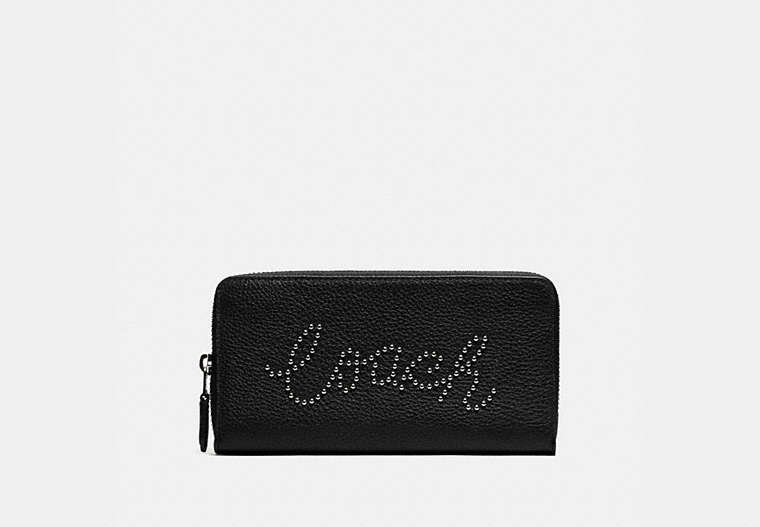 COACH®,ACCORDION ZIP WALLET WITH STUDDED COACH SCRIPT,Silver/Black,Front View