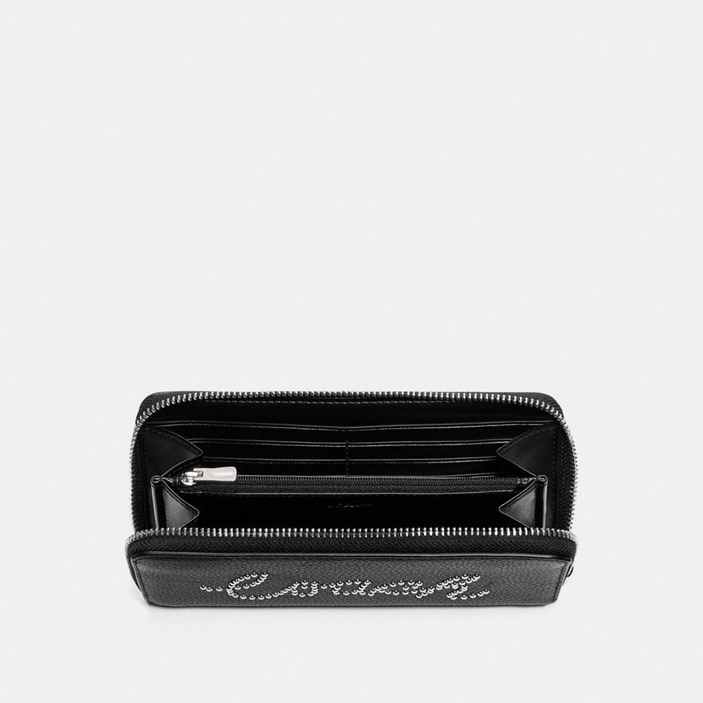 COACH®,ACCORDION ZIP WALLET WITH STUDDED COACH SCRIPT,Silver/Black,Inside View,Top View