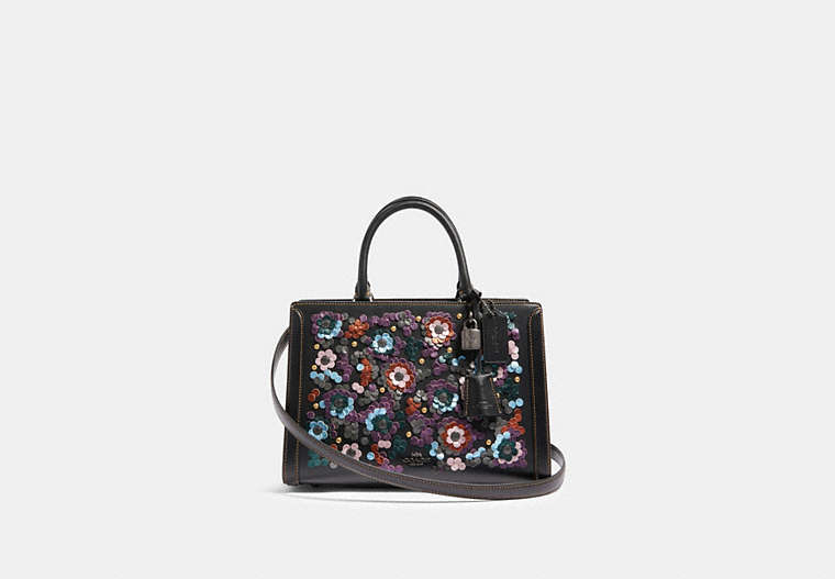 COACH®,ZOE CARRYALL WITH LEATHER SEQUINS,Leather,Large,Gunmetal/Black Multi,Front View