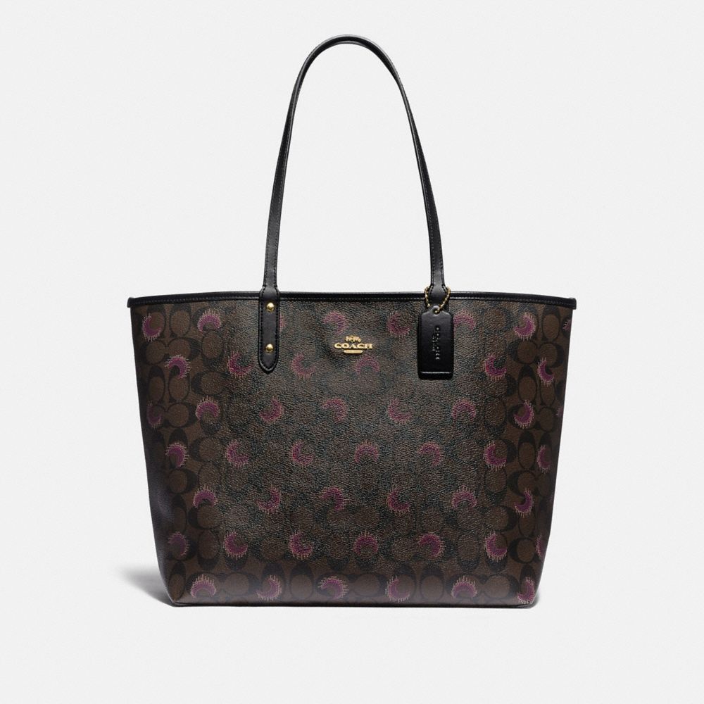 COACH®,REVERSIBLE CITY TOTE IN SIGNATURE CANVAS WITH MOON PRINT,pvc,Large,Gold/Brown Purple Multi/Black,Front View