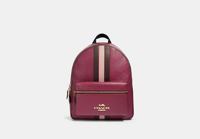COACH®,JES BACKPACK WITH VARSITY STRIPE,Leather,Large,Gold/Dark Berry Multi,Front View