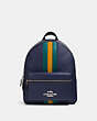 COACH®,JES BACKPACK WITH VARSITY STRIPE,Leather,Large,Silver/Cadet Multi,Front View