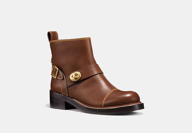 COACH®,MOTO BOOTIE,Leather,Dark Saddle,Front View