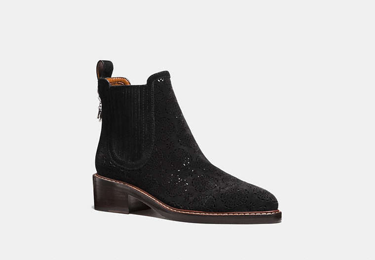 COACH®,BOWERY CHELSEA BOOT WITH CUT OUT TEA ROSE,Suede,Black,Front View