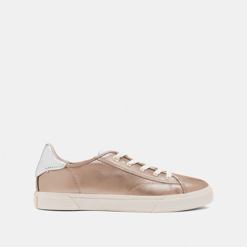 COACH®,C136 LOW TOP SNEAKER,Metallic Leather,CHAMPAGNE,Angle View