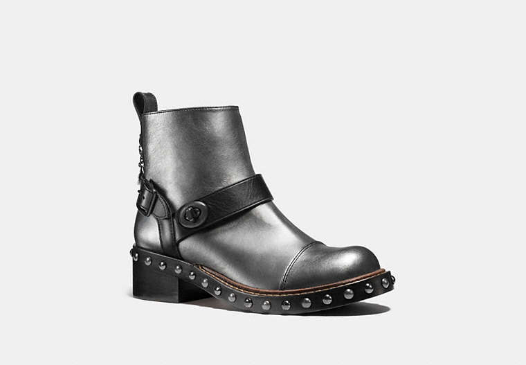 COACH®,MOTO BOOTIE,Leather,Gunmetal/Black,Front View image number 0