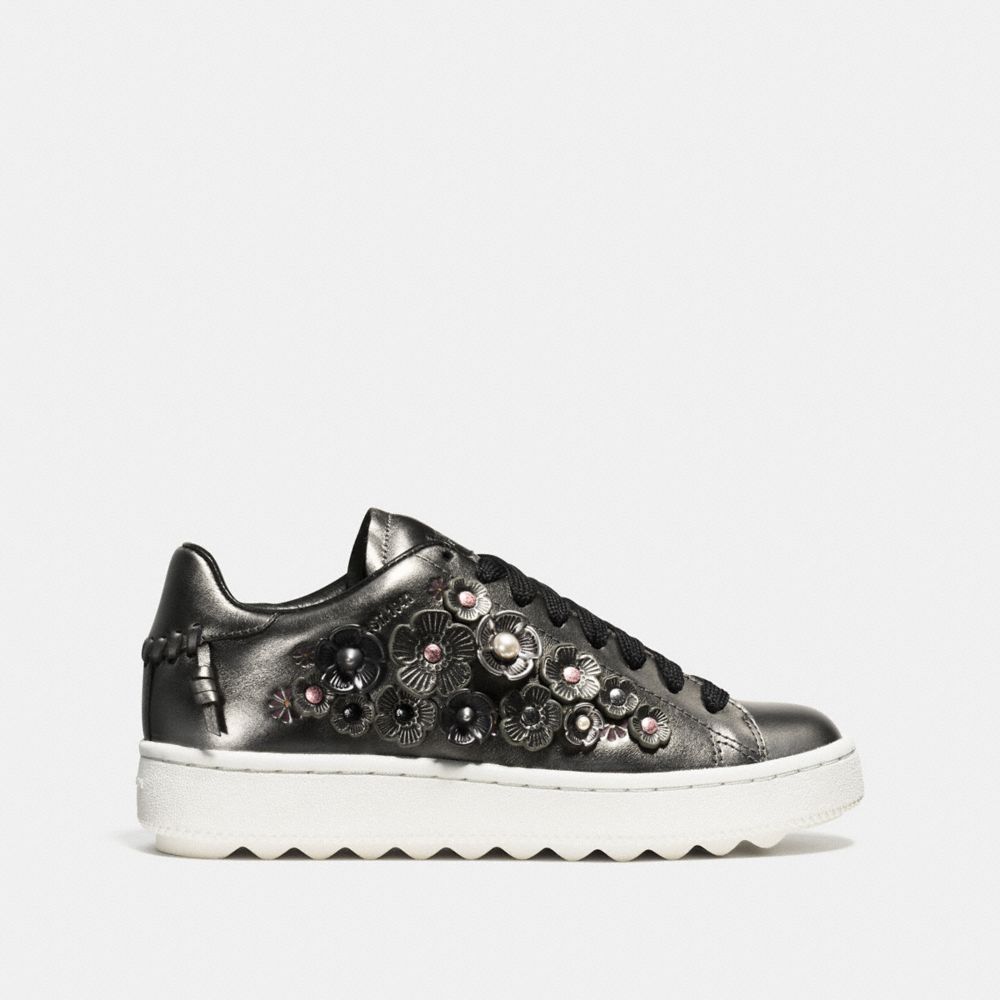 COACH®,C101 LOW TOP SNEAKER,Leather,Gunmetal,Angle View