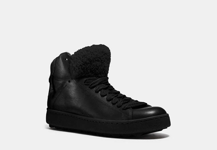 COACH®,SHEARLING C201 HIGHTOP SNEAKER,Mixed Material,Black,Front View
