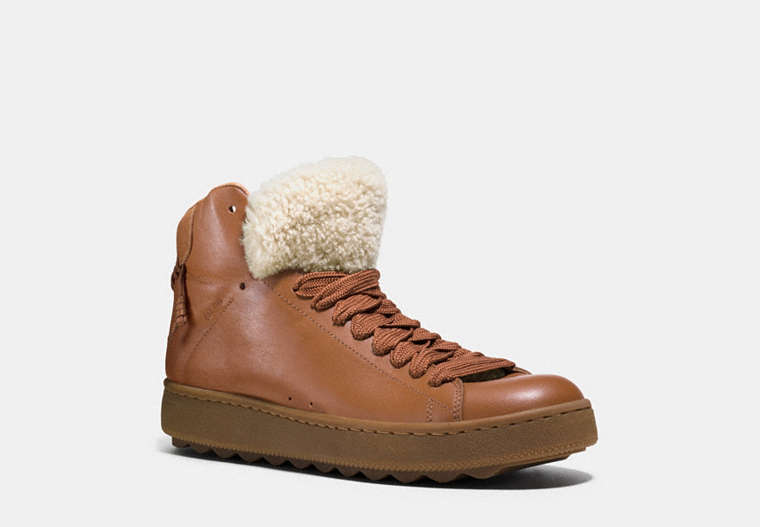 COACH®,SHEARLING C201 HIGHTOP SNEAKER,Mixed Material,Saddle/Natural,Front View
