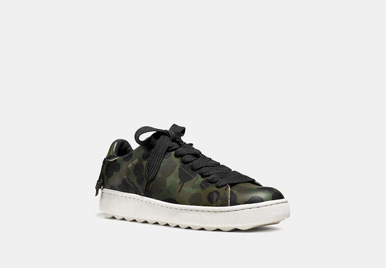 COACH®,C101 LOW TOP SNEAKER WITH CAMO PRINT,Leather,MILITARY CAMO/BLACK,Front View