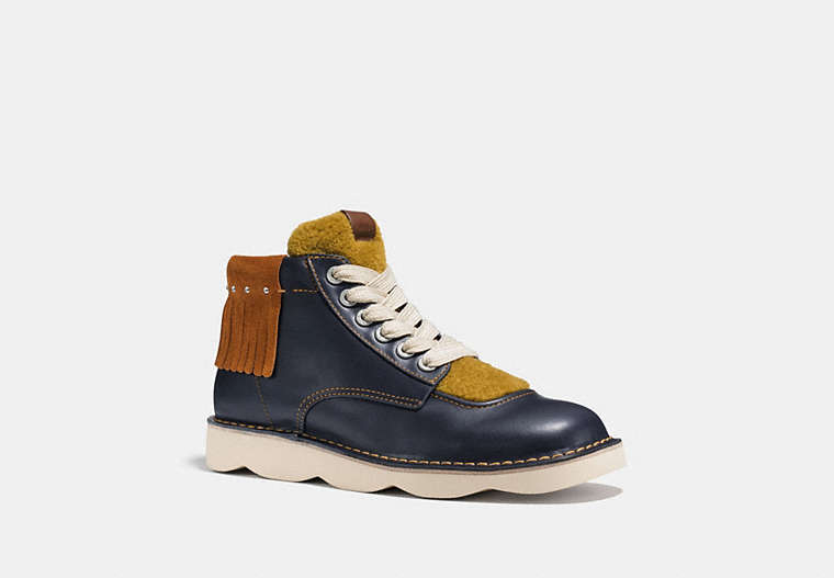 COACH®,HIGH TOP TROOPER WITH SHEARLING,Leather,Navy/Teak/Mustard,Front View