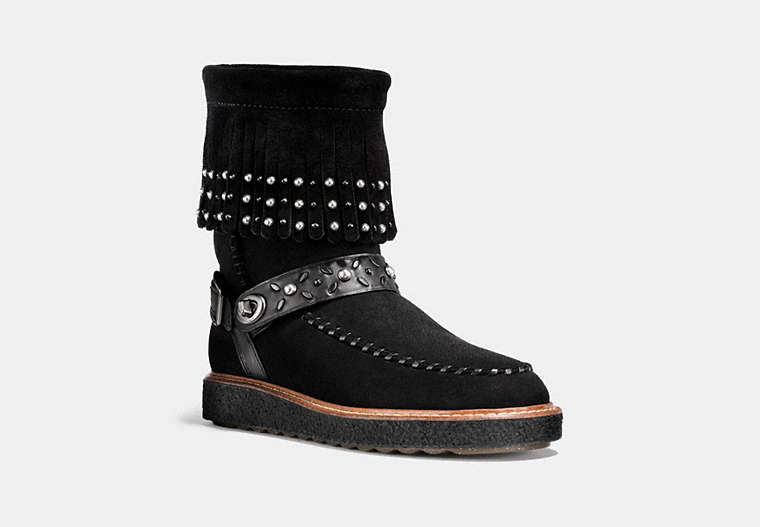 COACH®,ROCCASIN SHEARLING BOOT,Suede,Black,Front View