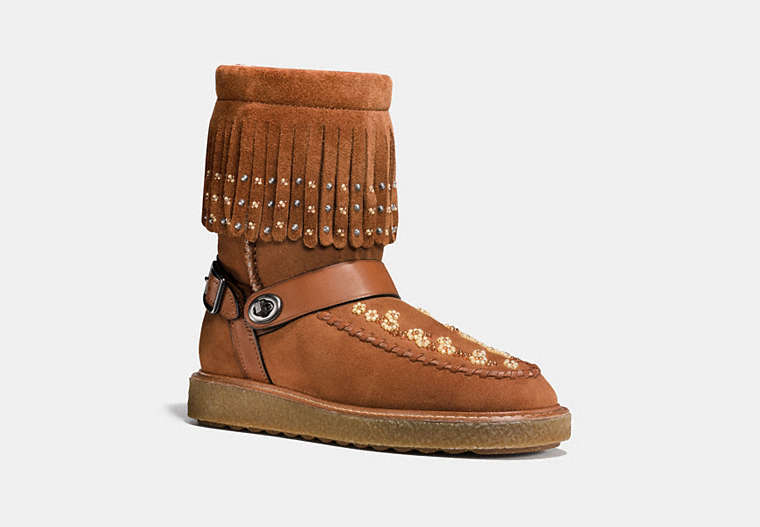 COACH®,ROCCASIN SHEARLING BOOT WITH BEADS,Suede,Saddle/Natural,Front View