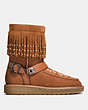 COACH®,ROCCASIN SHEARLING BOOT WITH BEADS,Suede,Saddle/Natural,Angle View