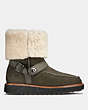 COACH®,MOTO SHEARLING BOOT,Suede,OLIVE/NATURAL,Angle View