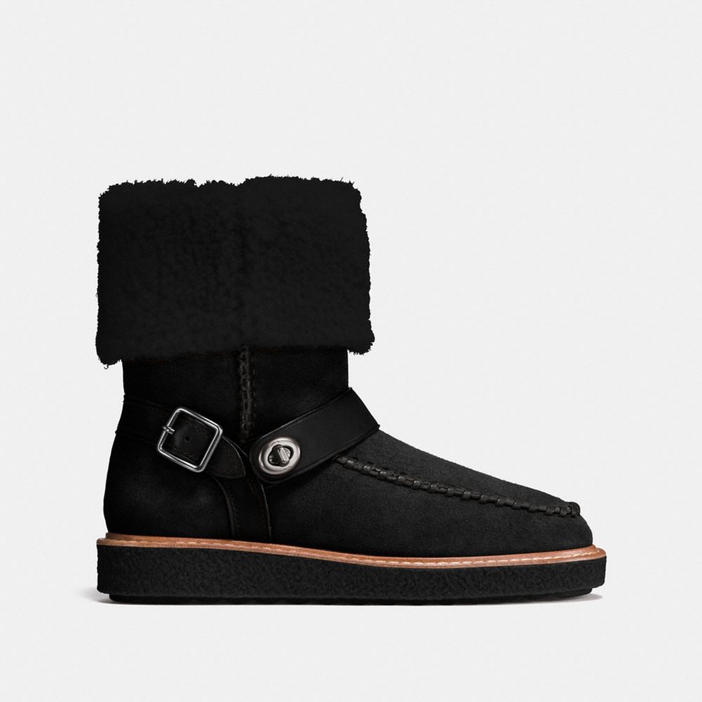 COACH®,MOTO SHEARLING BOOT,Suede,Black,Angle View
