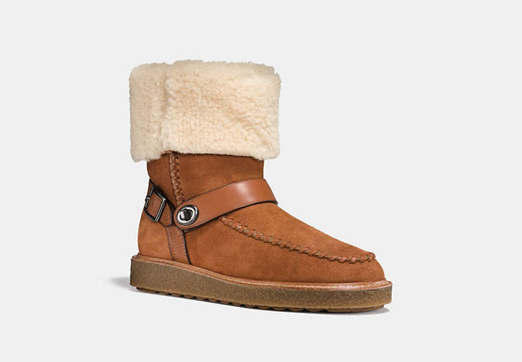 COACH®,MOTO SHEARLING BOOT,Suede,Saddle/Natural,Front View