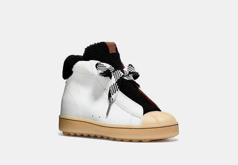 COACH®,HIGH TOP HIKER WITH SHEARLING,Leather,White/Black,Front View