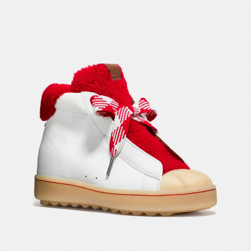 COACH®,HIGH TOP HIKER WITH SHEARLING,Leather,WHITE/CHERRY,Front View image number 0