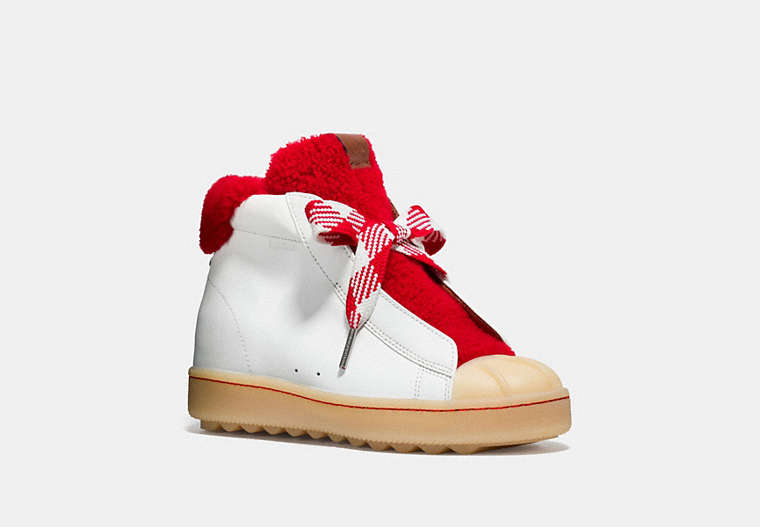 COACH®,HIGH TOP HIKER WITH SHEARLING,Leather,WHITE/CHERRY,Front View