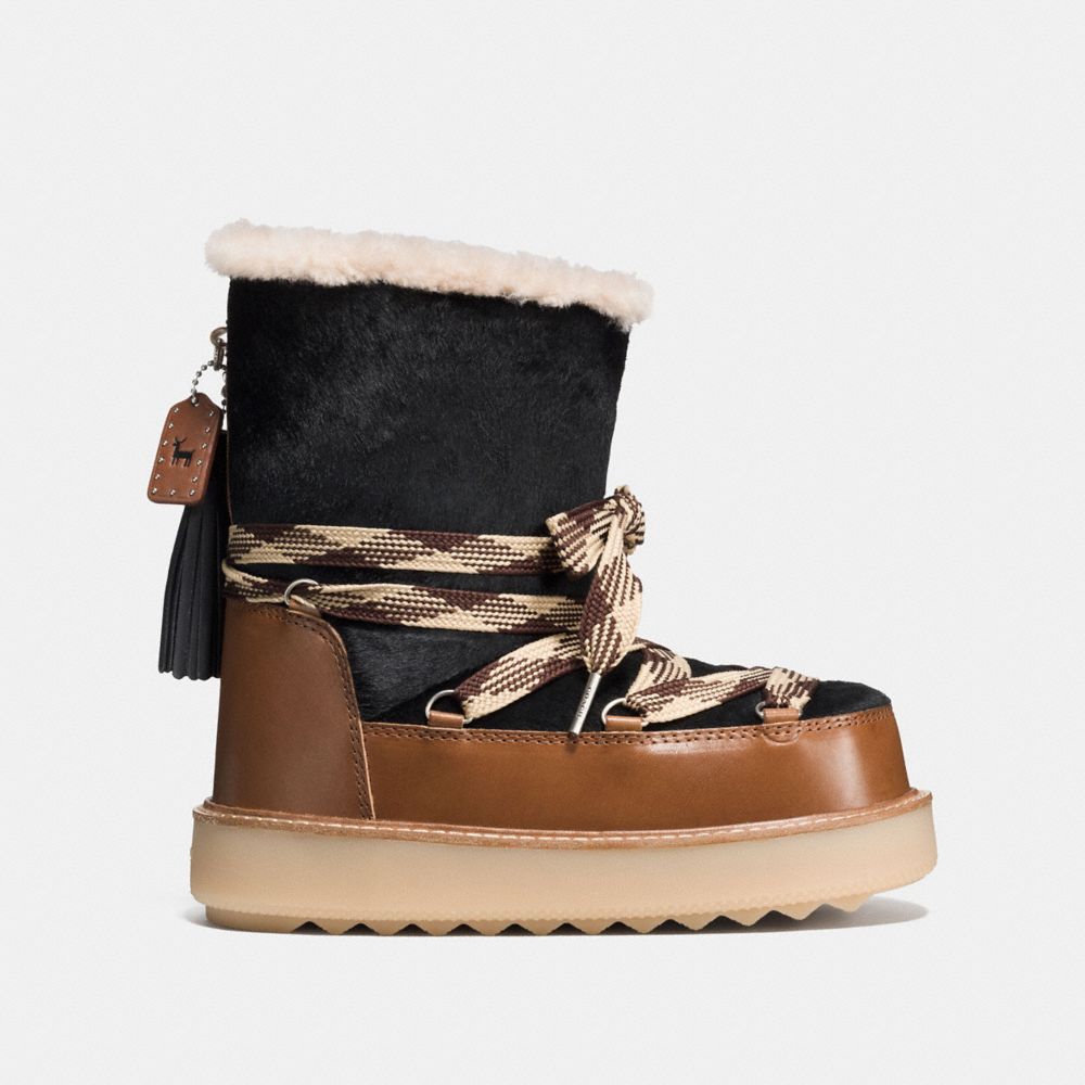 COACH®,SHEARLING BOOTIE IN HAIRCALF,Haircalf,Black/Burnt Sienna,Angle View