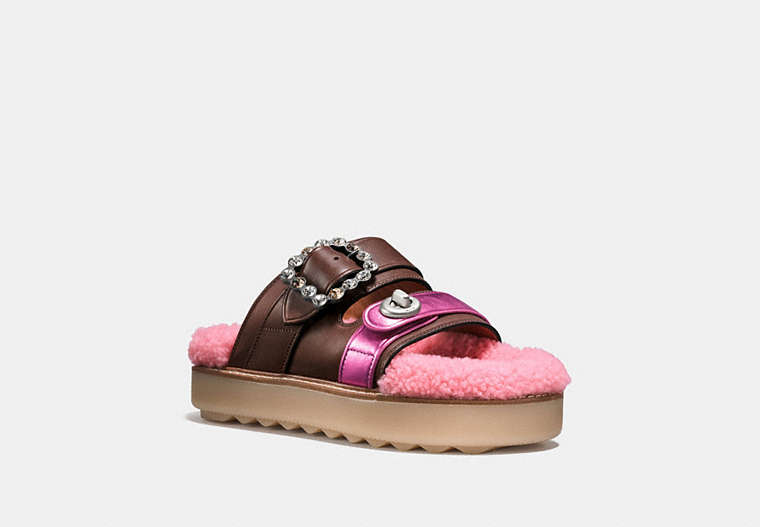 COACH®,TURNLOCK SLIDE WITH SHEARLING,Leather,Chocolate/Pink/Pink,Front View