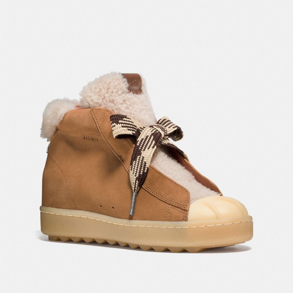 COACH®,HIGH TOP HIKER WITH SHEARLING,Leather,CAMEL/NATURAL,Front View