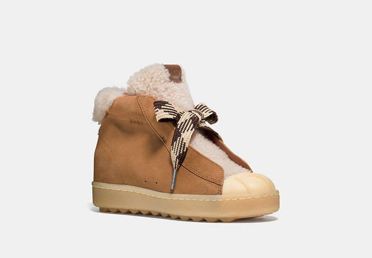 COACH®,HIGH TOP HIKER WITH SHEARLING,Leather,CAMEL/NATURAL,Front View