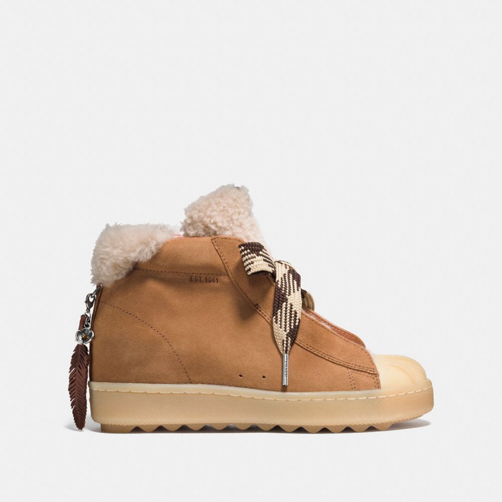 COACH®,HIGH TOP HIKER WITH SHEARLING,Leather,CAMEL/NATURAL,Angle View